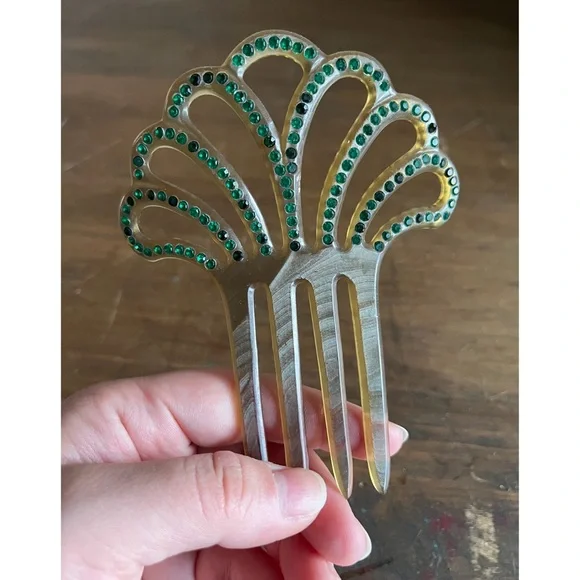 💚Vintage Celluloid Sevilla Spanish Flamenco Hair Comb with Green Crystal Gems💚 - Picture 3 of 5